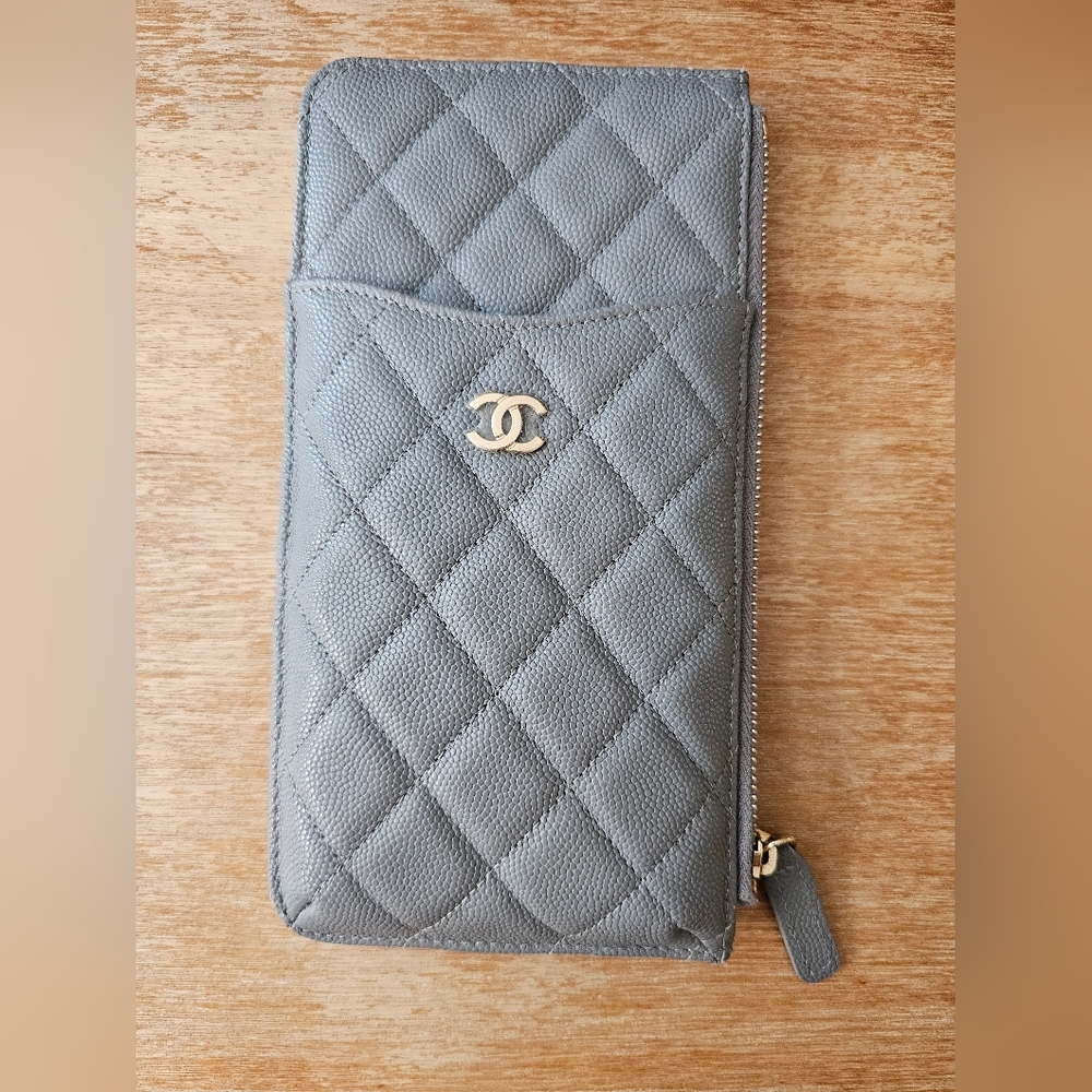 Chanel phone wallet in gray caviar